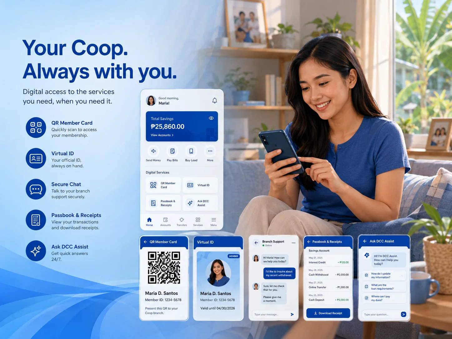 Filipino cooperative member using Delta Credit digital services at home