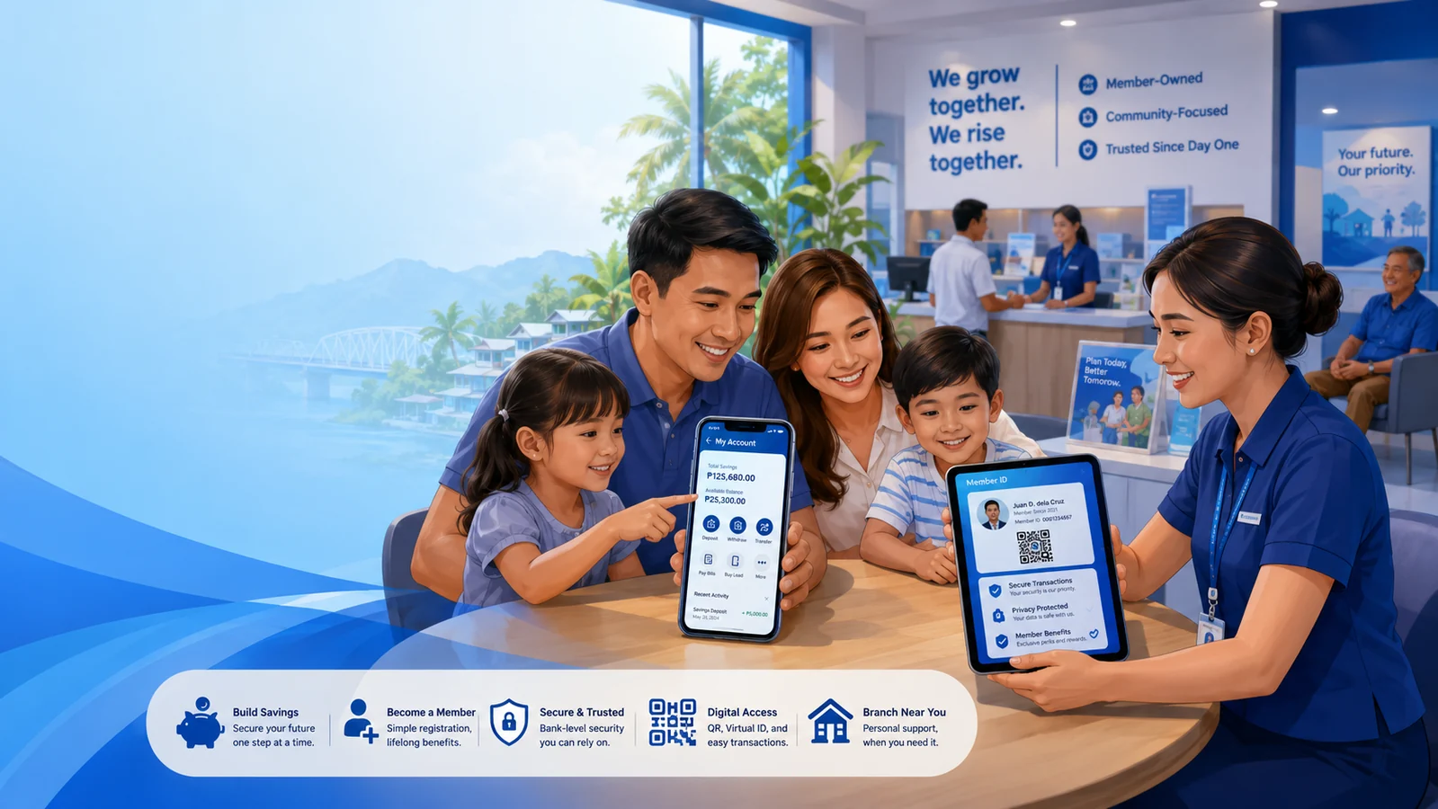 Filipino family using cooperative digital services with a branch staff member